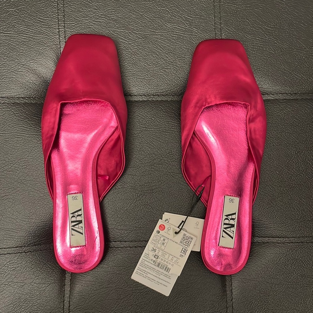 Zara Fuchsia Sateen Square Toe Mule Flat 36 US 6